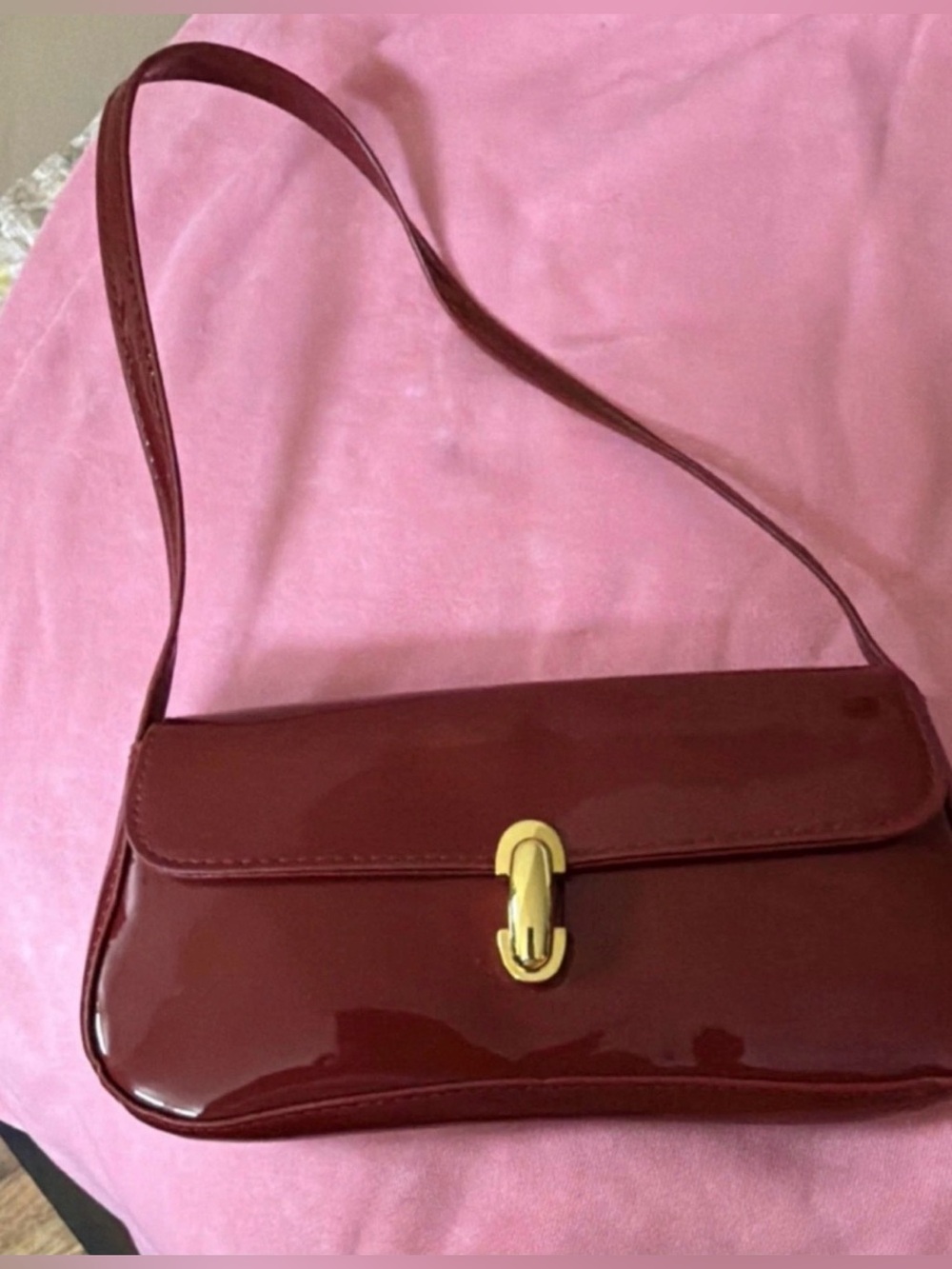 Women's Burgundy Patent Shoulder Bag with Gold Clasp